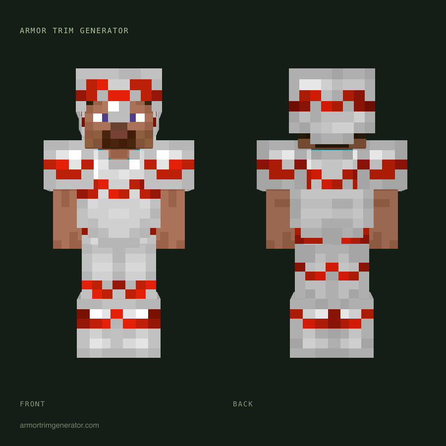 Ember Trail: wayfinder armor trim in redstone on iron, full-body front and back preview