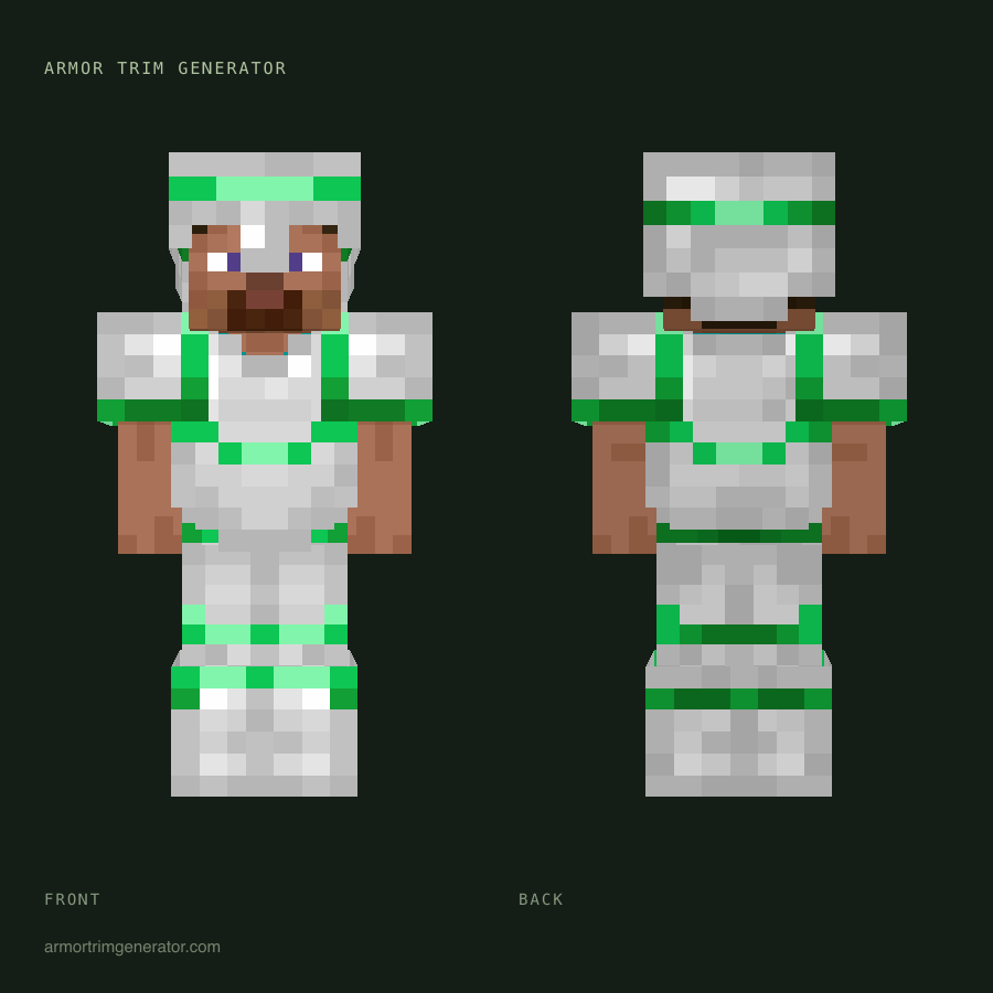 Forest Insignia: host armor trim in emerald on iron, full-body front and back preview